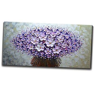 #ad Art 24x48 Inch Modern Canvas Art Textured Flower Oil Painting 24W*48L Purple $134.40