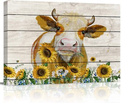 #ad Canvas Oil Painting Rustic Wooden Framed Cattle Cow Hold Sunflower Wall Painting $10.99