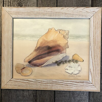 #ad Barbara Fleri Beach Framed Print Seashells Conch Sand Dollar Wall Art 12”x10.25” $23.99