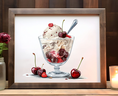 #ad Cherry Ice Cream Dessert Wall Art Print Cherry Ice Cream Kitchen Wall Art Decor $9.99