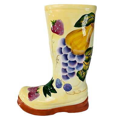 #ad Country Kitchen Decor Porcelain Boot Vase 13.5quot; Fruit Grapes Strawberries Pear $32.21