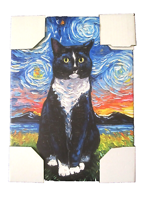 #ad Cat Black White Tuxedo Van Gogh Starry Night Stretched Canvas Wall Art Print NWT $36.72