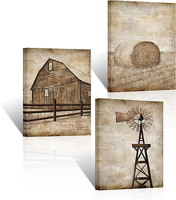 #ad Vintage Country Landscape Canvas Wall Art Rustic Barn Windmill Wall Art Framed C $74.51