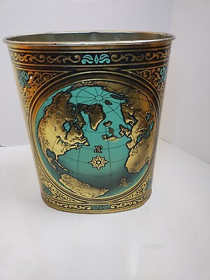 #ad Mid Century J.L. Clark tin trash can metallic globe map earth wastebasket $37.99
