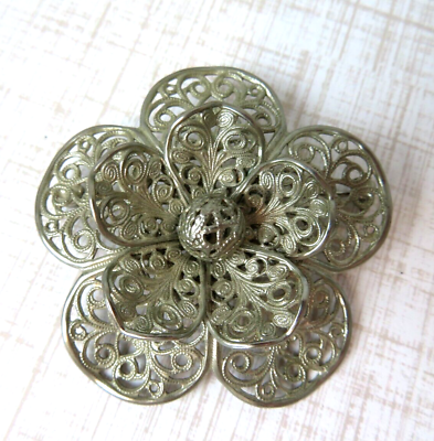 #ad #ad Vintage Flower Filigree Brooch Wire Work Silver Tone Unsigned Pin $12.50