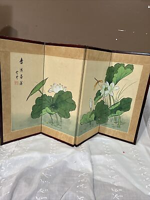 #ad Vintage Oriental Water Lilies Hand Painted 4 Panel Folding Screen 17”x 30” $55.00