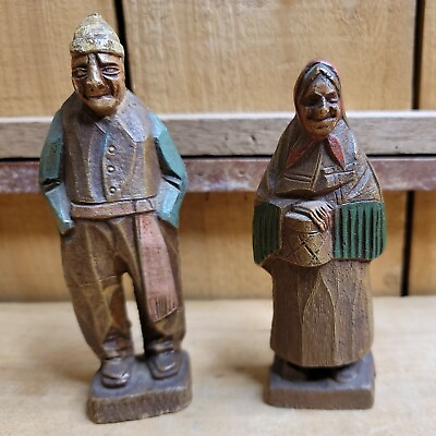 #ad #ad Vintage Antique Syroco Wood Figurines Folk Art Elderly Man and Woman 5 to 5.5” $23.99