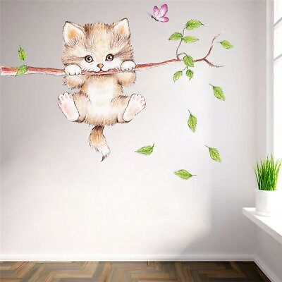 #ad Cute Cat Butterfly Tree Wall Sticker Cartoon Animal Wall Decals Poster Mural Art $11.90
