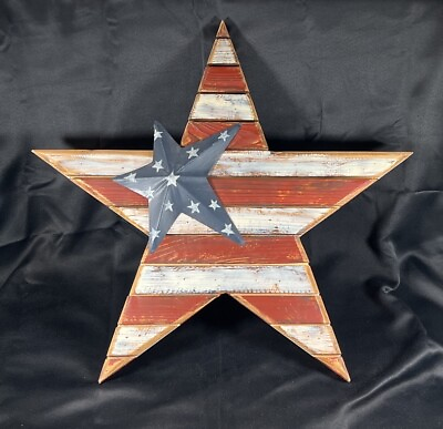 #ad Rustic WOOD FIVE POINT STAR WALL HANGING STARS AND STRIPES HANDMADE 24” $40.00