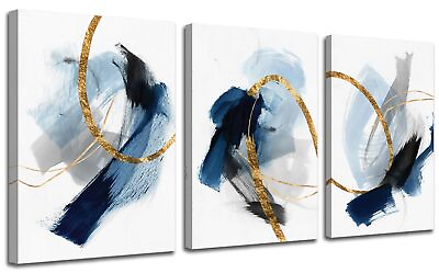 #ad Blue Abstract Canvas Prints Wall Art Decor Blue and Black Gold Lines Fantasy... $48.64