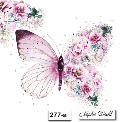 277 a TWO Individual Paper Luncheon Decoupage Napkins FLORAL BUTTERFLY PINK $1.95