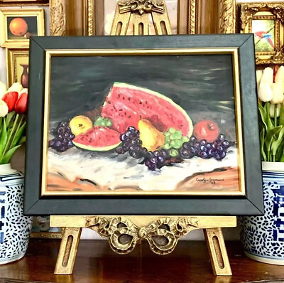 #ad Painting Still Life Fruit Beautiful Vintage Oil on Board Signed Wall Art Kitchen $225.00