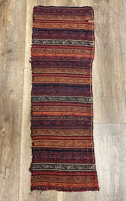 #ad Antique Vintage Oriental Hand Knotted Wool Kilim Rug Runner Fragment 3#x27;x1.4#x27; $49.00
