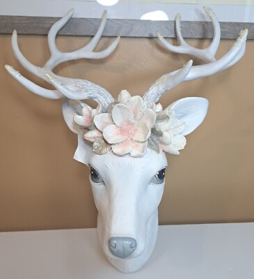 #ad December Diamonds White Deer Head Mount w Magnolia Decor Christmas Holiday $169.95