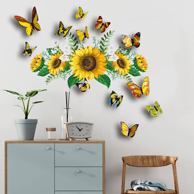 #ad Sunflower Wall Stickers 3D Colorful Butterfly PVC Decals Living Room DIY Decors $7.22
