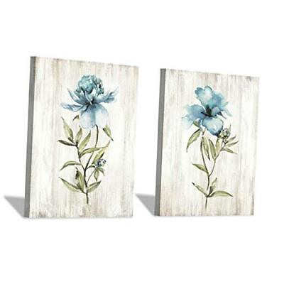 #ad Flower Painting Canvas Wall Art: Blue Botanical Floral Artwork 16quot;x12quot;x2 panels $46.74