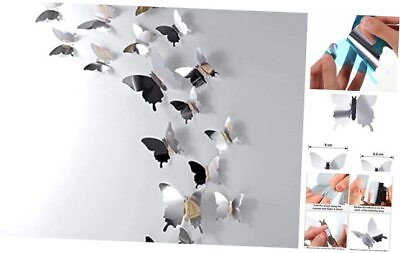 #ad 48 Pieces Wall Decor DIY Mirror 3D Stickers Removable Decals Butterfly Silver $9.79