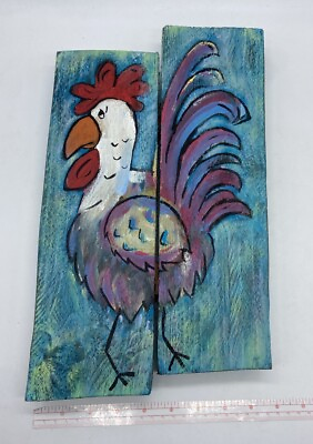 #ad Hand Painted ROOSTER Chicken Wood Plank Wall Decor Farmhouse 14”x8” COUNTRY $15.00