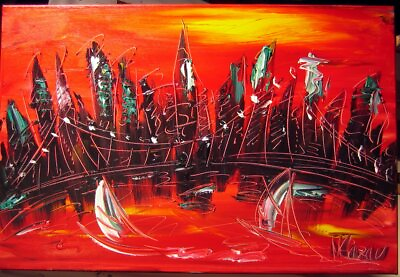 RED CITY PLANET ABSTRACT ART LANDSCAPE ORIGINAL OIL PAINTING BY MARK KAZAV $149.50