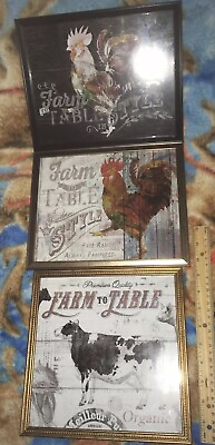 #ad 3 Primitive Vtg style framed FARM TO TABLE signs country home wall decor LoT Set $27.77