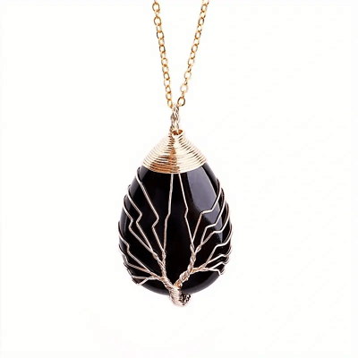 #ad Vintage Tree of Life Black Natural Crystal Gemstone Pendant Necklace Men Women $16.98