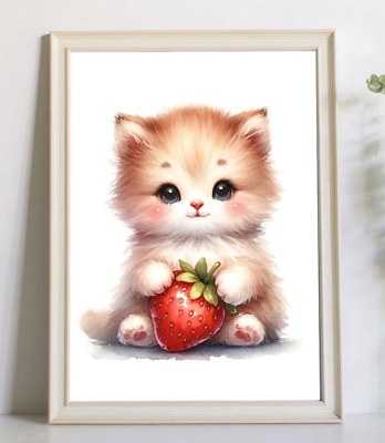 #ad Cat Wall Art Print Cute Kitten With Strawberry Print Wall Art Decor Home Decor $9.99