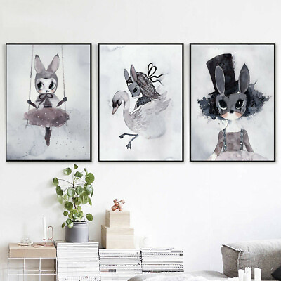 #ad Abstract Cartoon Rabbit Girl Printed Canvas Poster Wall Nursery Kids Room Decor $6.08