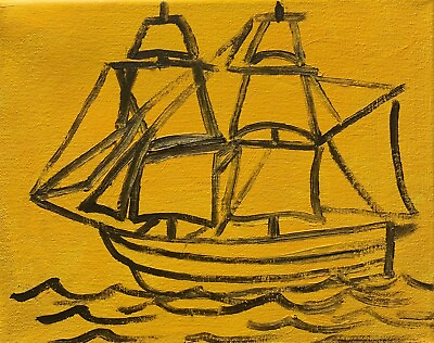 #ad Original Nautical Yellow Ship Boat Painting Small Art 8x10” Acrylic Canvas $125.00