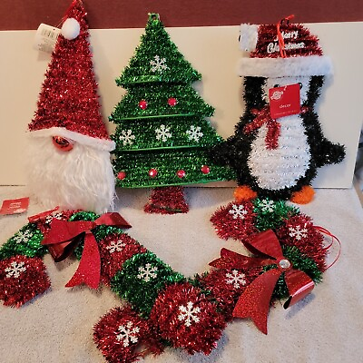 #ad lot of 5 Christmas Decor: Tinsel Candy Canes Santa Christmas Tree and Penguin $19.95