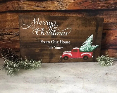 #ad Rustic Christmas Sign Primitive Christmas Decor Red Truck Merry Christmas $60.00