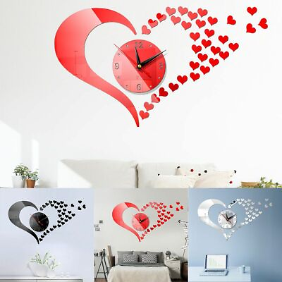 #ad Heart Shape 3D Mirror Surface Large Wall Clock Modern DIY Sticker Home Art Decor $6.29