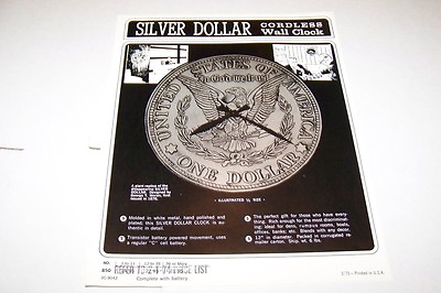 #ad Vintage 1973 SILVER DOLLAR WALL CLOCK ad sheet #0274 $12.00