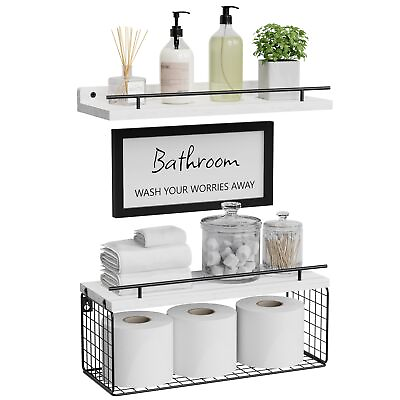 #ad WOPITUES Floating Shelves with Bathroom Wall Décor Sign Wood Floating Bathro... $39.00