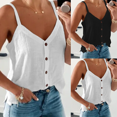 #ad Womens V Neck Sleeveless Cami Tank Tops Summer Ladies Casual Loose Blouse Tee $16.59