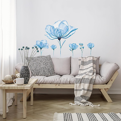 #ad Blue Flower Wall Stickers Large Lotus Floral Wall Decals Romantic Blossom Wall $16.65