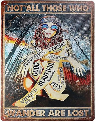 #ad Vintage Tin Sign Hippie Girl Not All Those Who Wander Are Lost VintageHome Dec $12.79