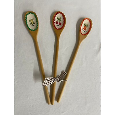 #ad Wooden Spoons Vintage Kitchen Decor Cross Stitch Rick Rack Kitschy Cherry Corn $11.20