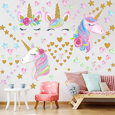 #ad 4 Sheets Unicorn Wall Decals Stickers for Girls RoomLarge Size Unicorn Wall Sti $24.16