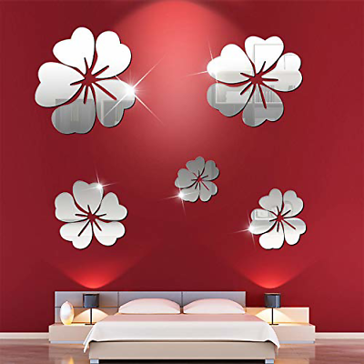 #ad 5pcs Silver Flower Acrylic Wall Stickers 3D Mirror Modern DIY Wall Stickers for $12.70