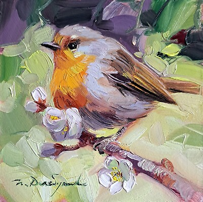 #ad #ad Robin bird on branch oil painting original miniature artwork 4x4 small art gift $98.00