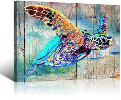 #ad Sea Turtle Bathroom Wall Decor Canvas Prints Life Teal Watercolor Painting Beach $58.99