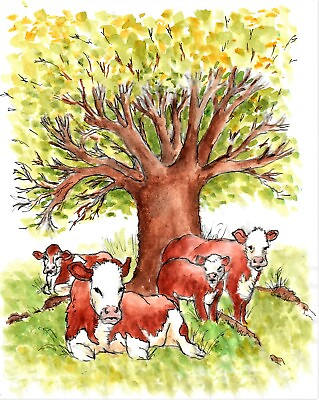 #ad Hereford Cattle In The Shade Cattle Art Print Country Art Print Farm Animals $35.00
