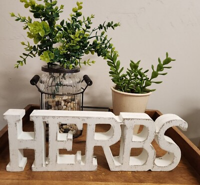 #ad Kitchen HERBS Shabby Chic Wood Sign Distressed White Hang or Stand 14quot;x5quot;x1¼quot; $19.87