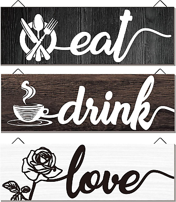 #ad Kitchen Sign Wall Decor Eat Love Drink Wood Sign Plaque Wall Art Rustic Farmhou $16.48