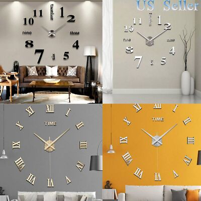 #ad 3D Large Mirror Surface Wall Clock Modern DIY Sticker Office Home Shop Art Decor $8.36