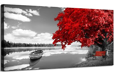 #ad Wall Art for Living Room Black and White Landscape Boat Red Tree PaintingFra... $88.58