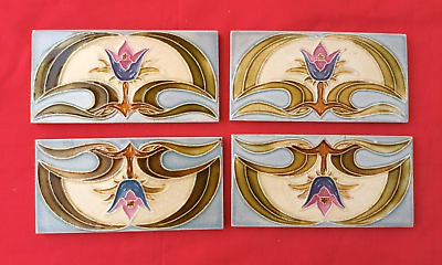 #ad 4 Piece Old Art Deco Flower Design Embossed Majolica Ceramic Tiles Belgium 0101 $100.00