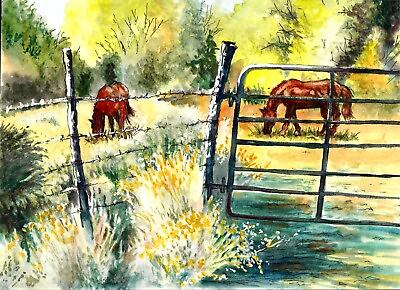 #ad #ad ORIGINAL Horses Grazing In A Pasture Horse Art Country Art Horse Farm Art $150.00
