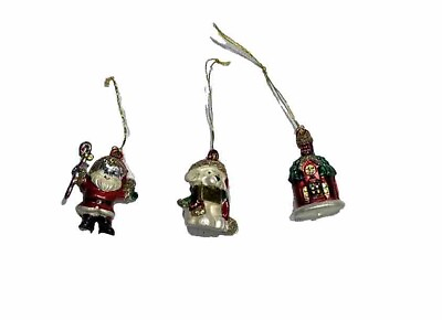 #ad Set of 3 Sparkle Mini Ornaments Dog Santa Christmas House Vintage Tree Decor $14.00