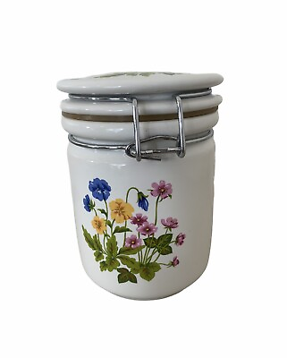 #ad Ceramic Jar with Latching Lid Flowers Floral White Kitchen Decor Storage 5 3 4quot; $14.99